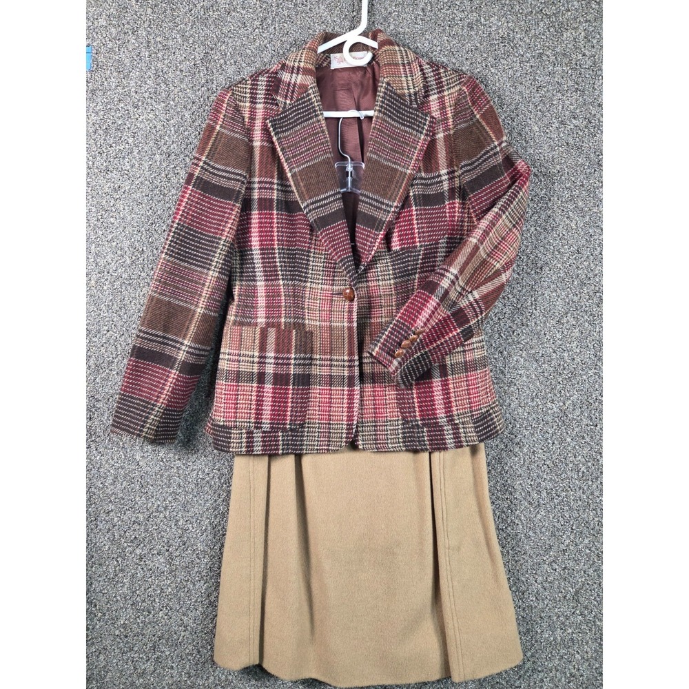 Vintage Evan‎ Picone Wool Skirt Suit Set Plaid Blazer Camel Skirt Womens Classic - Picture 5 of 16